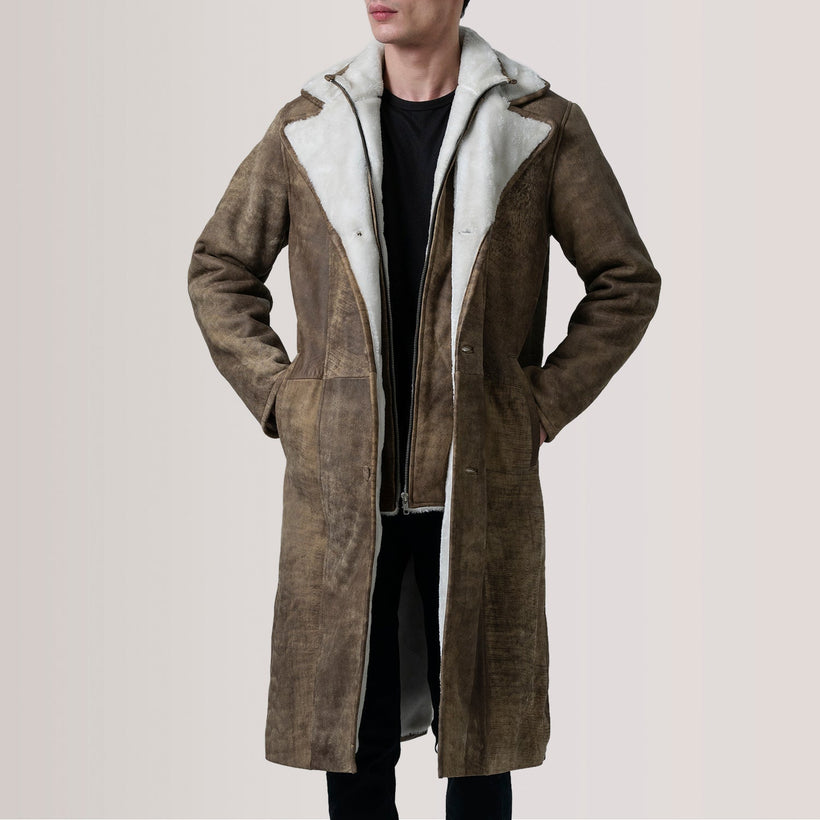 Cai Distressed Braun Leather Shearling Ledermantel für Herren