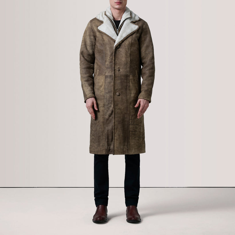 Cai Distressed Braun Leather Shearling Ledermantel für Herren