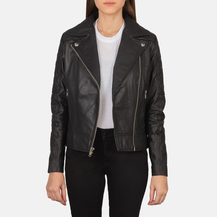 Carolyn Gesteppt Schwarz Leder-Bikerjacke für Damen