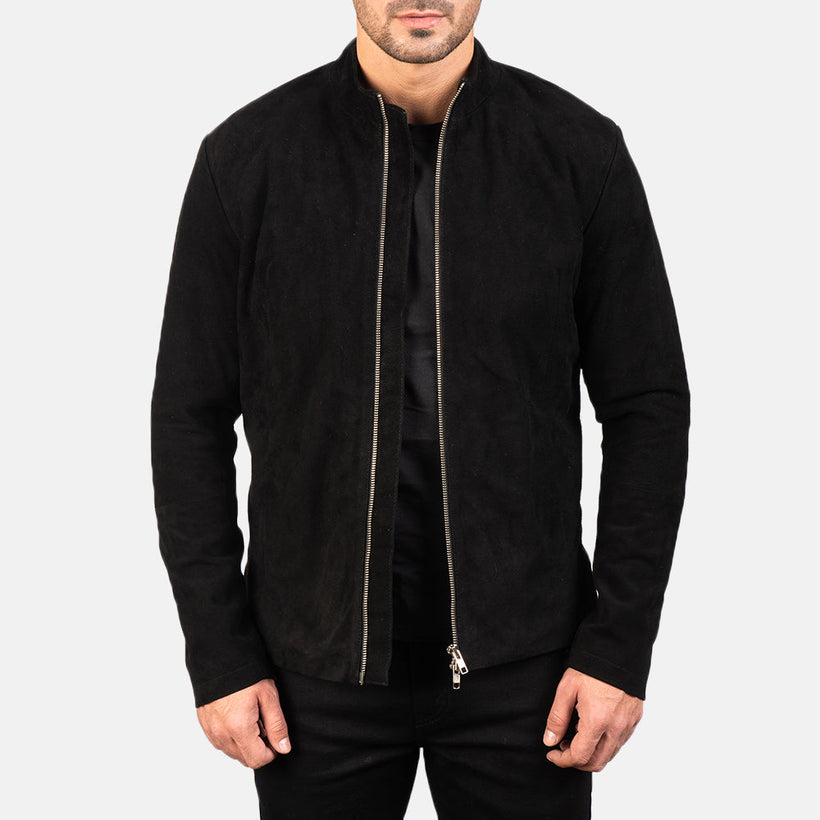 Charcoal Schwarz Suede Leder-Bikerjacke für Herren
