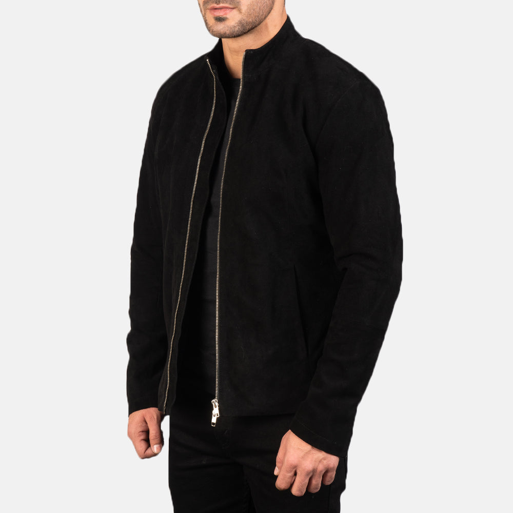 Black Goatskin Suede Biker Jacket - Rückansicht mit passgenauen Schultern &amp; sauberem Saum