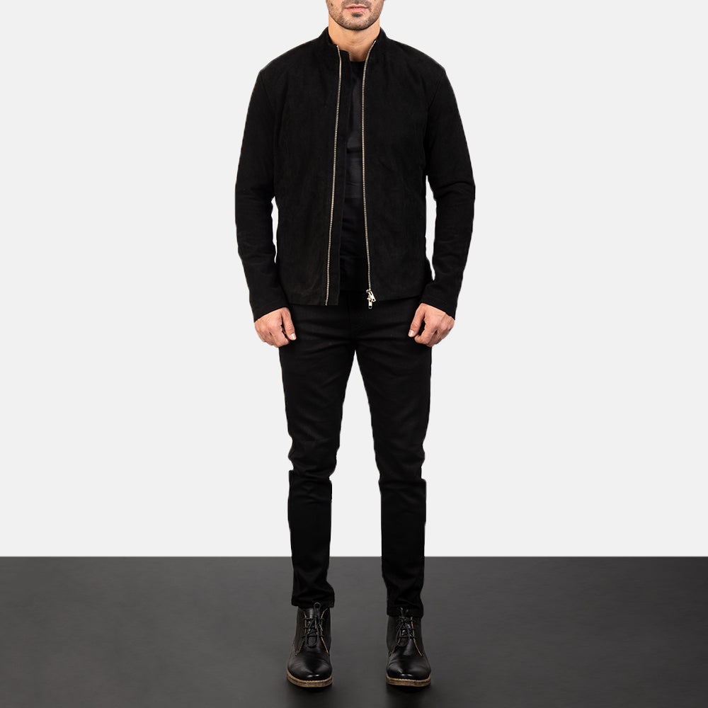 Men's Charcoal Schwarz Suede Leder-Bikerjacke für Herren - Seitenansicht mit ergonomischem Ärmelschnitt