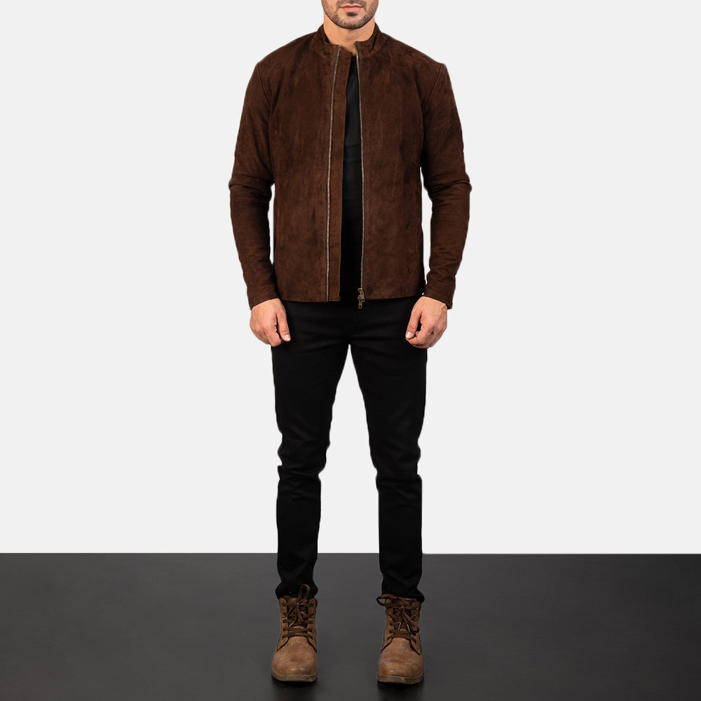 Men's Charcoal Mocha Suede Leder-Bikerjacke für Herren - Seitenansicht mit ergonomischem Ärmelschnitt