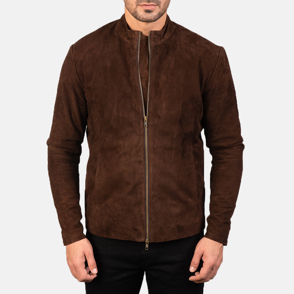 Detailansicht of Mandarin &amp; Zipper with Dual Puller Hardware on Men's Charcoal Mocha Suede Leder-Bikerjacke für Herren