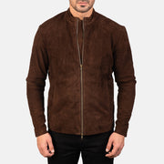 Detailansicht of Mandarin &amp; Zipper with Dual Puller Hardware on Men's Charcoal Mocha Suede Leder-Bikerjacke für Herren