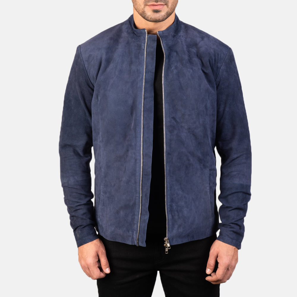 Men's Charcoal Navy Blau Suede Leder-Bikerjacke für Herren in Navy Blue Goatskin Suede - Vorderansicht &amp; maßgeschneiderte Silhouette | Online Kaufen