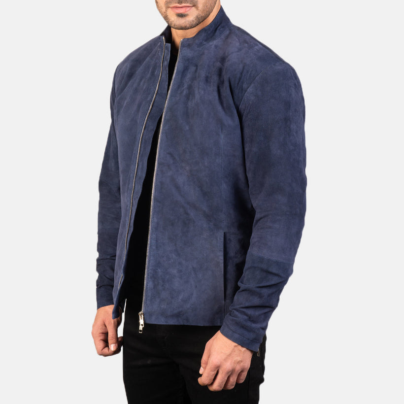 Charcoal Navy Blau Suede Leder-Bikerjacke für Herren