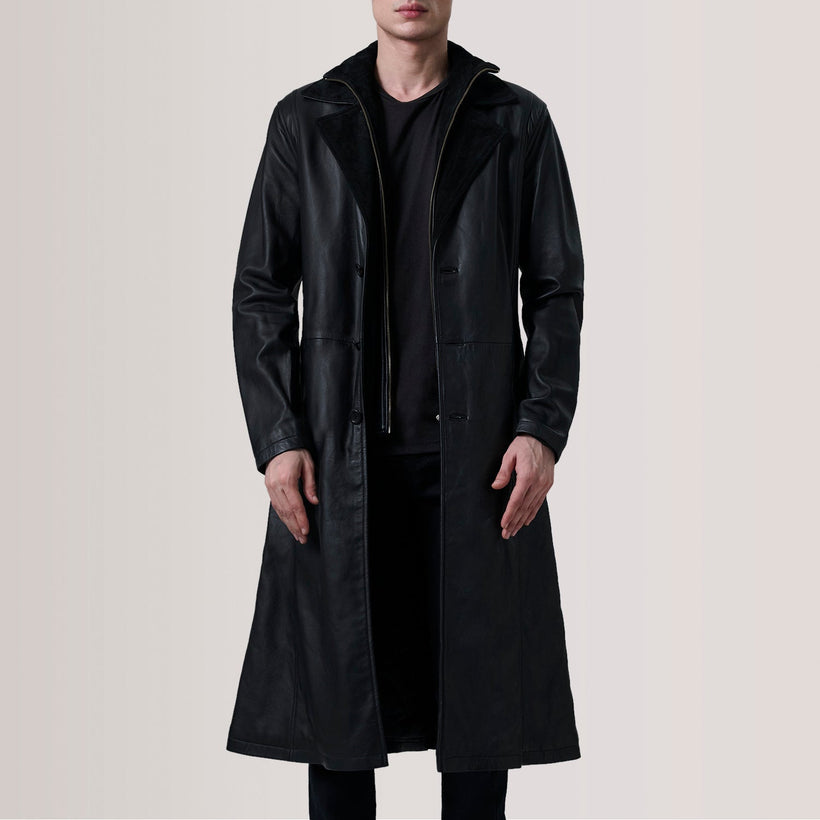 Charlton Schwarz Leather Single Breasted Ledermantel für Herren