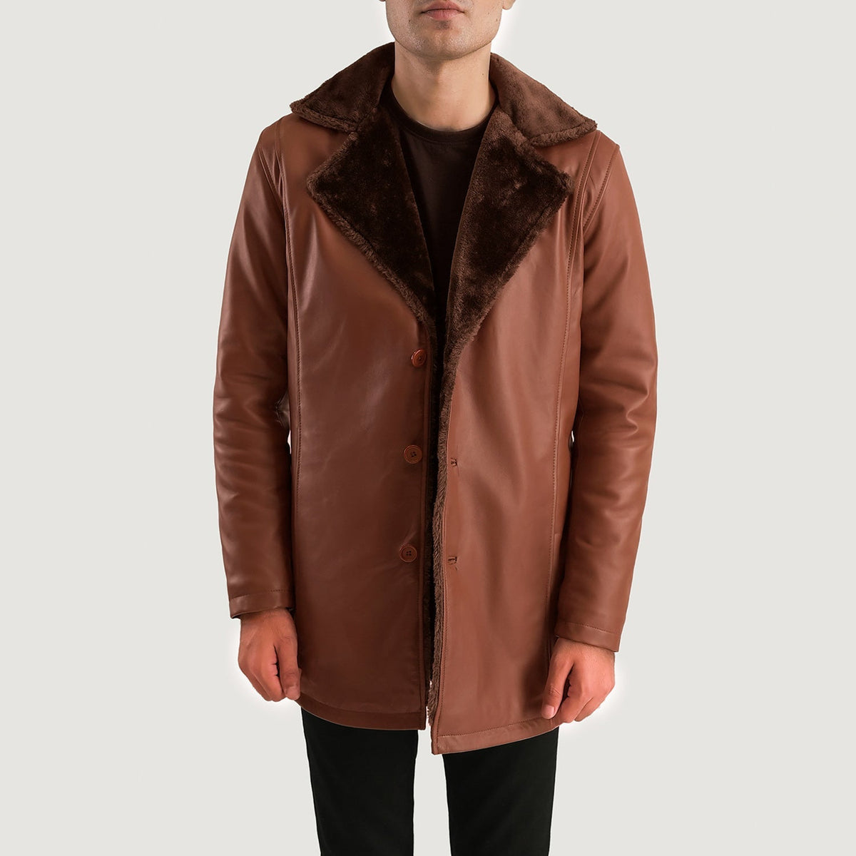 
Detailansicht of Shirt & Button Hardware on Zimtbraun Braun Leather Fur Ledermantel für Herren