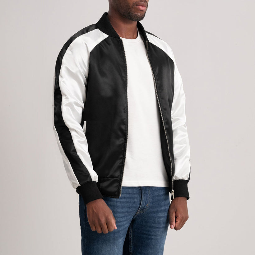 Black & White Satin Varsity Jacket - Back View Showing Tailored Shoulder Fit & Clean Hemline