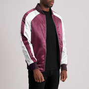 Maroon &amp; White Satin Aviator Jacket - Rückansicht mit passgenauen Schultern &amp; sauberem Saum
