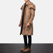 
Distressed Brown Sheepskin Snuffed Trench Coat - Rückansicht mit passgenauen Schultern & sauberem Saum