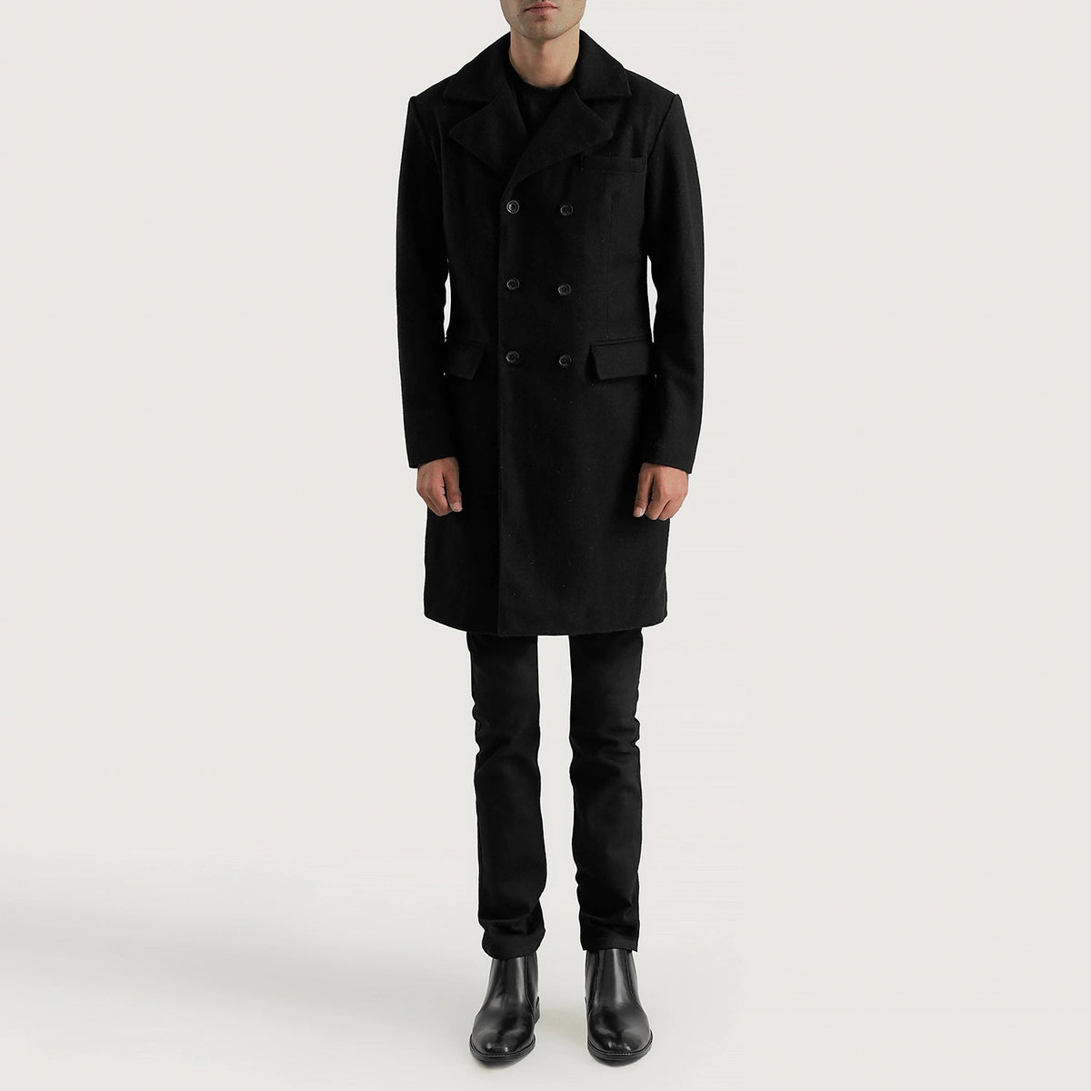 Men's Claud Black Wool Double Breasted Coat - Seitenansicht mit ergonomischem Ärmelschnitt