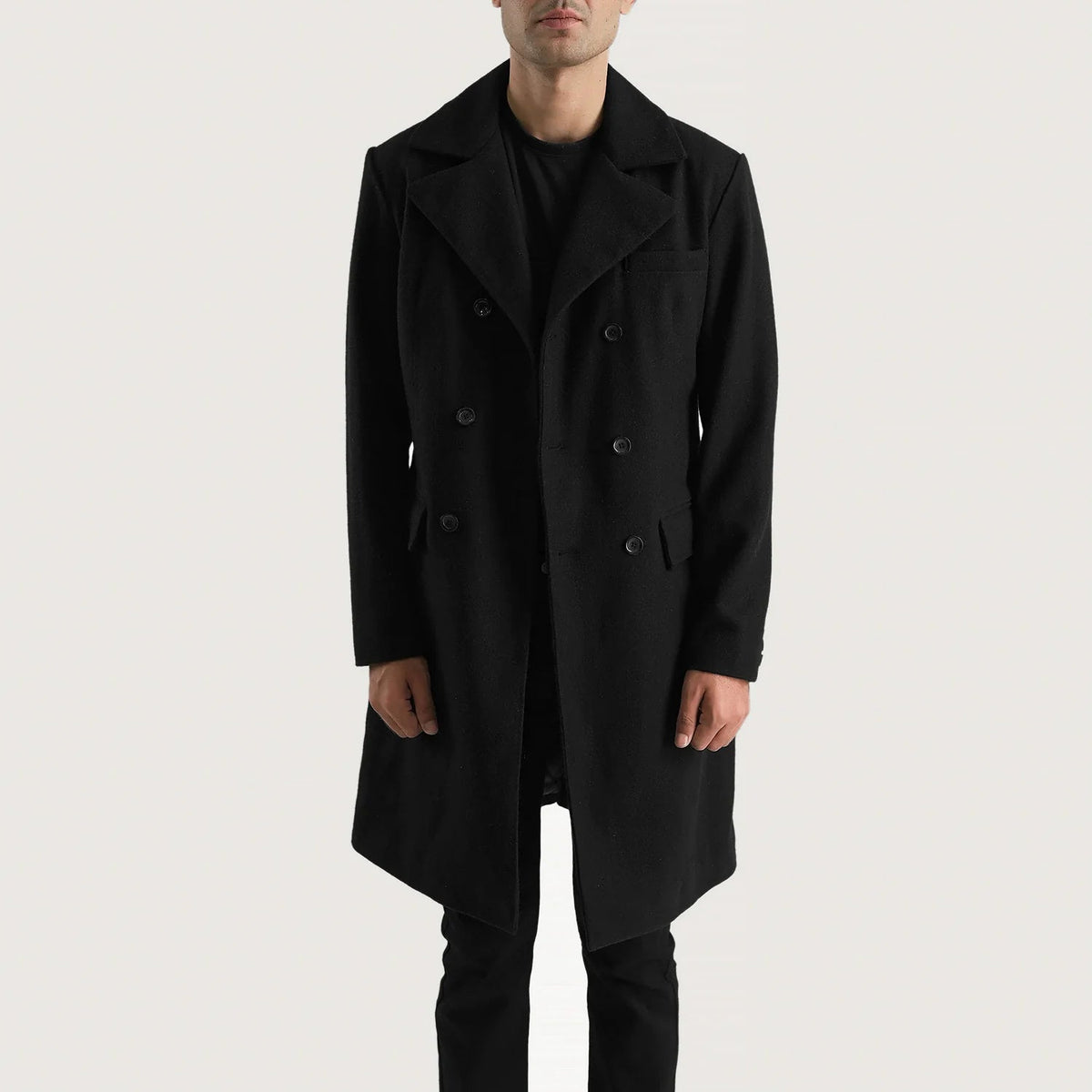 Detailansicht of Notch &amp; Button Hardware on Men's Claud Black Wool Double Breasted Coat