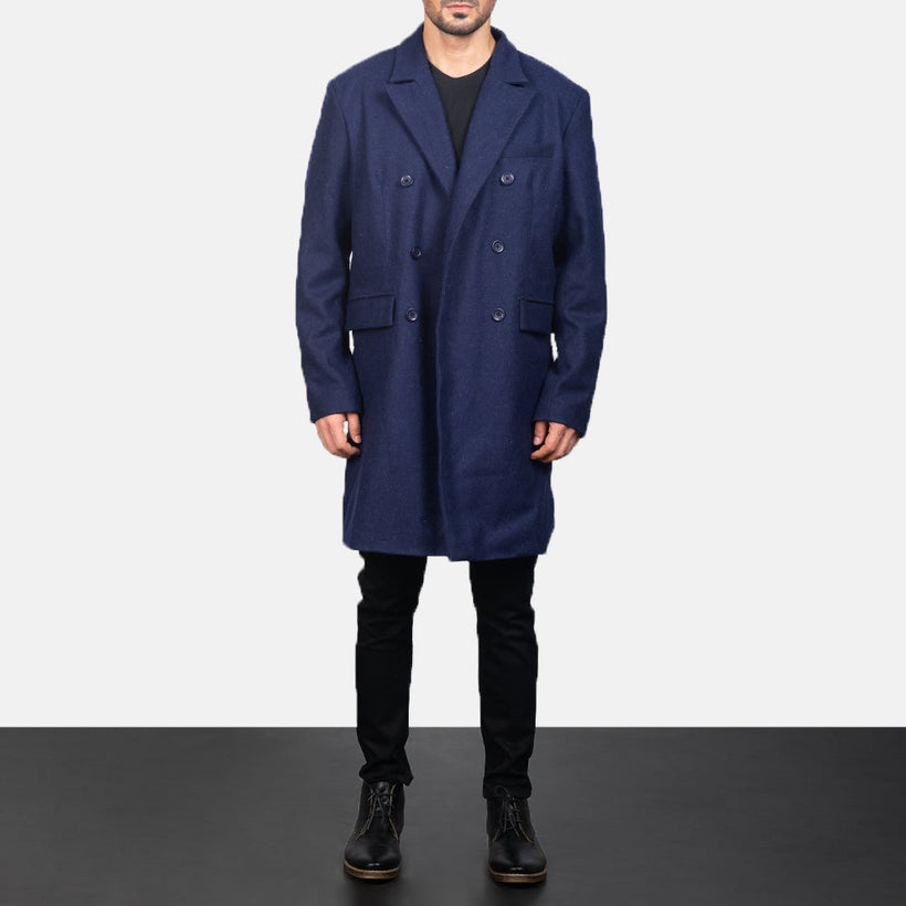 Claud Blau Wool Double-Breasted Ledermantel für Herren