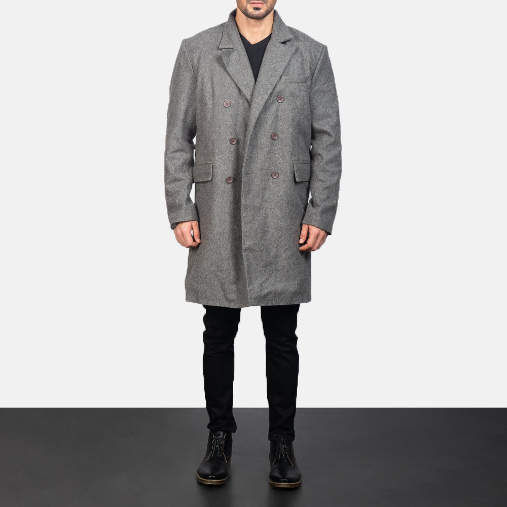 Men's Claud Grey Wool Double Breasted Coat - Seitenansicht mit ergonomischem Ärmelschnitt