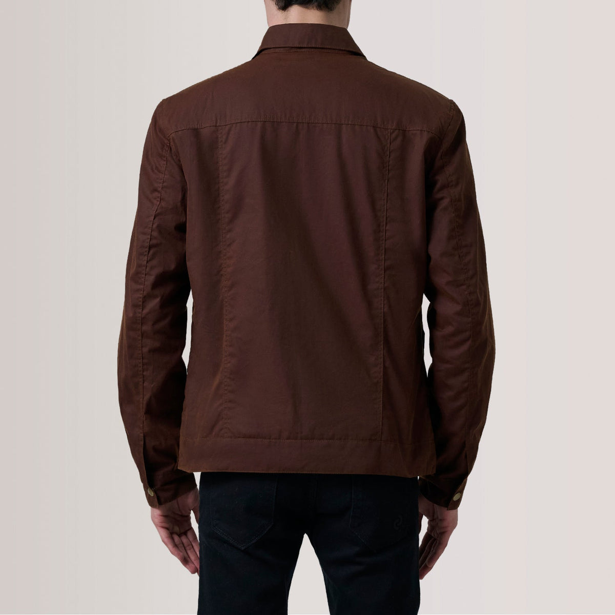 Detailansicht of Classic Collar &amp; Snap Button Hardware on Colberto Braun Waxed Canvas Trucker Lederjacke für Herren For Men