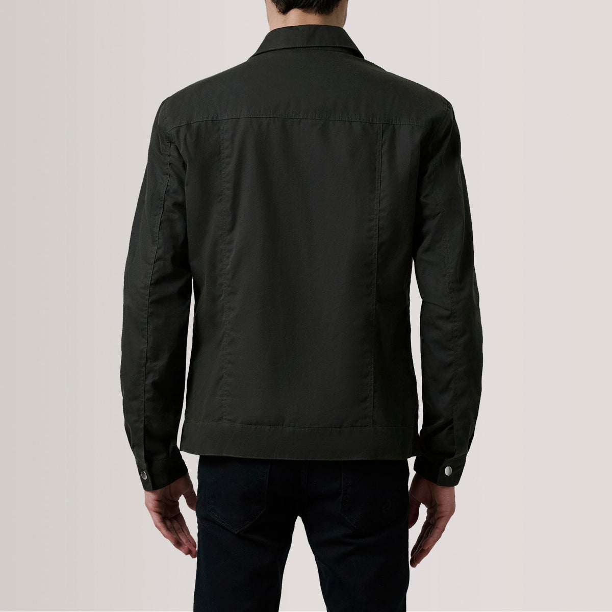 
Detailansicht of Classic Collar & Snap Button Hardware on Colberto Olive Waxed Canvas Trucker Lederjacke für Herren For Men