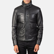 Norman Black Hooded Bomber Leather Puffer Jacket - Seitenansicht mit ergonomischem Ärmelschnitt