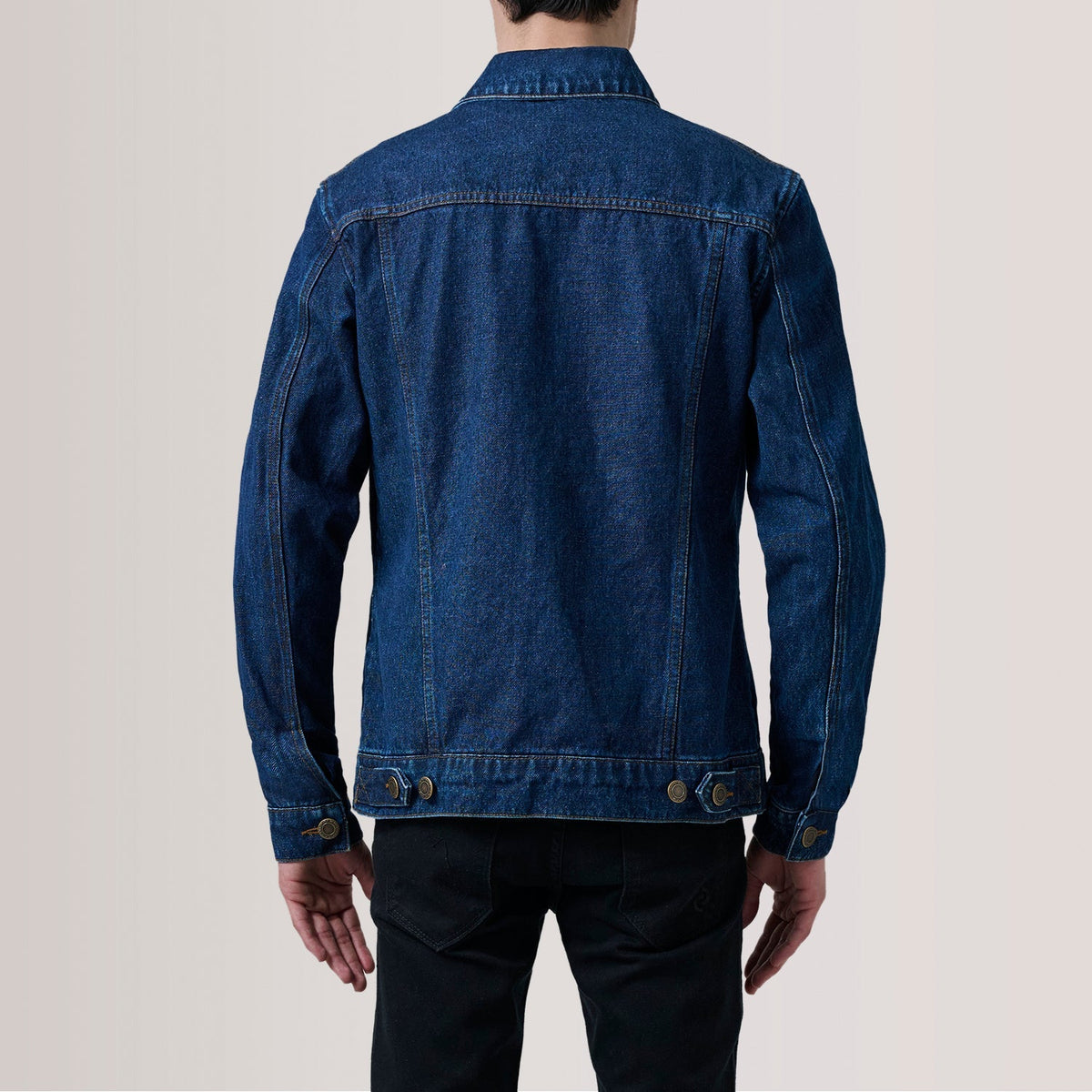 
Detailansicht of Classic Collar & Heavy-Duty Zipper Hardware on Conard Dark Blau Denim Trucker Lederjacke für Herren For Men