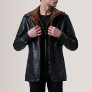 
Connor Black Leather Coat For Men in Black Sheepskin Leather - Vorderansicht & maßgeschneiderte Silhouette | Online Kaufen