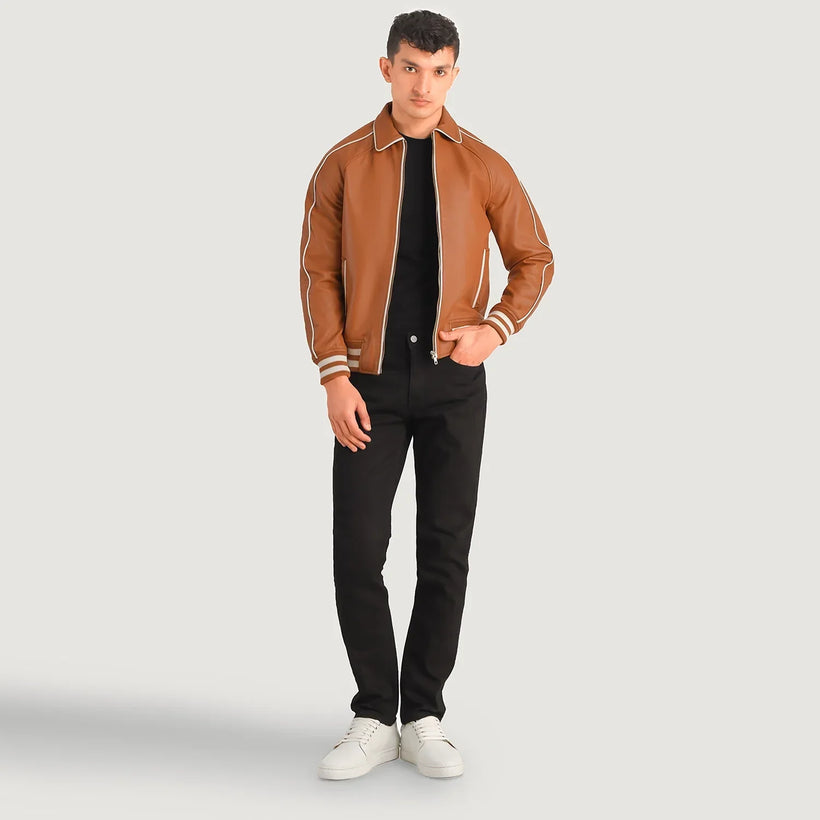 Cooper Tan Brown Leather Varsity Jacket in Tan Brown Sheepskin Leather - Front Profile View & Tailored Silhouette | Buy Online