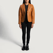 Detailansicht of Notch &amp; Button Hardware on Women's Cora Gesteppt Braun Lederblazer für Damen