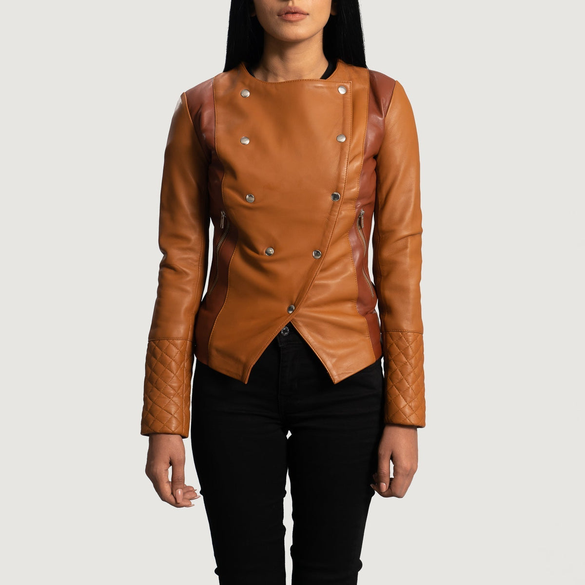 
County Hellbraun Overlap Lederjacke für Damen in Tan Brown Sheepskin Leather - Vorderansicht & maßgeschneiderte Silhouette | Online Kaufen