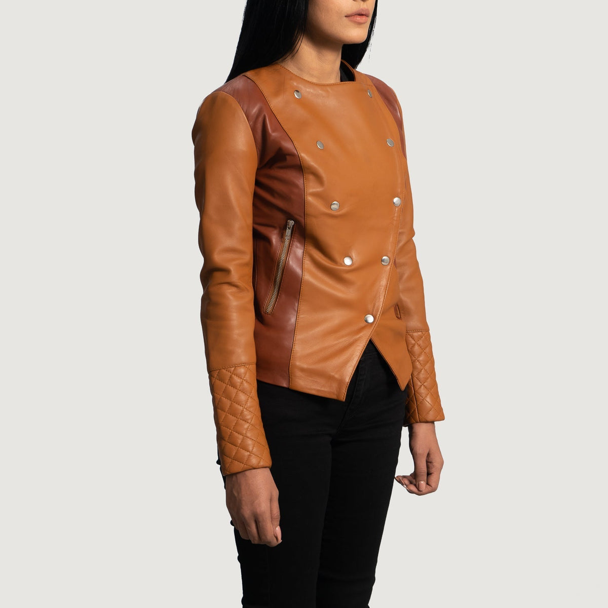 
Tan Brown Sheepskin Leather Biker Jacket - Rückansicht mit passgenauen Schultern & sauberem Saum