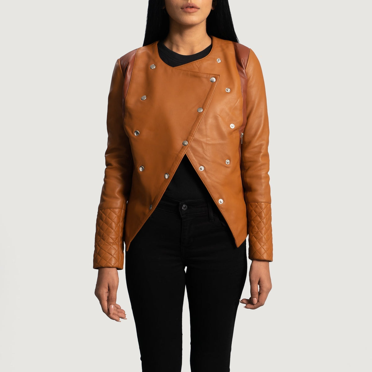 
County Hellbraun Overlap Lederjacke für Damen - Seitenansicht mit ergonomischem Ärmelschnitt & sportlicher Passform