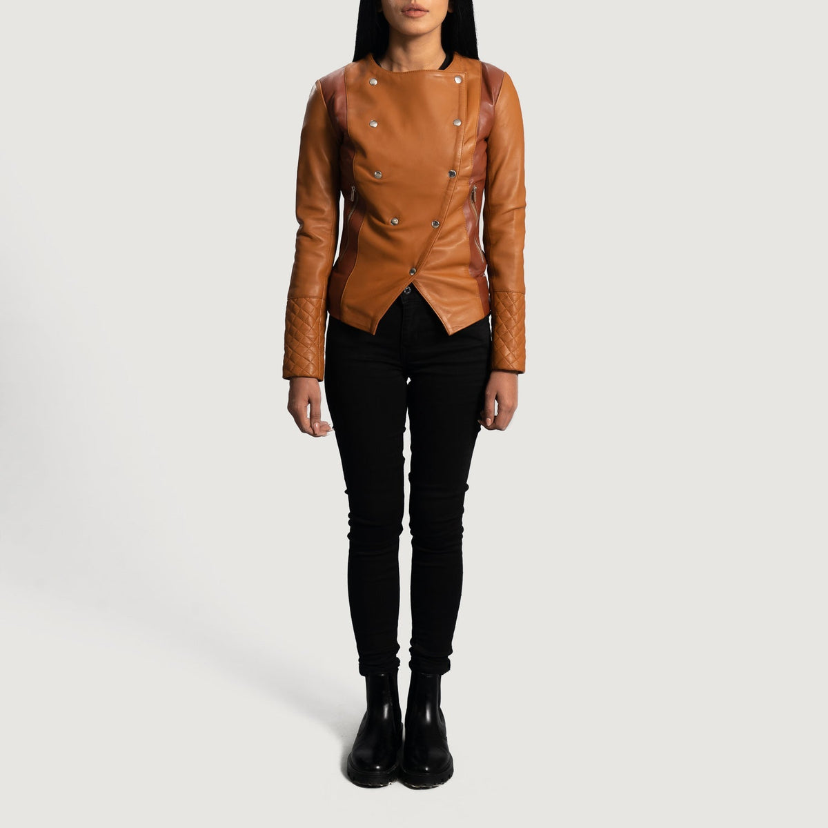 
Detailansicht of Classic Collar & Button Hardware on County Hellbraun Overlap Lederjacke für Damen