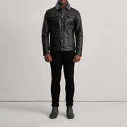 Dallis Schwarz Leather Shearling Trucker Lederjacke für Herren - Seitenansicht mit ergonomischem Ärmelschnitt