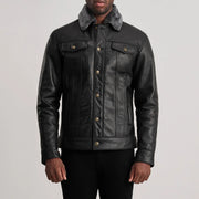 Detailansicht of Classic Collar &amp; Button Hardware on Dallis Schwarz Leather Shearling Trucker Lederjacke für Herren