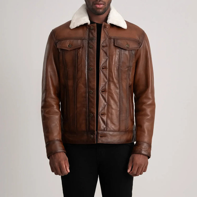 Dallis Braun Leather Shearling Trucker Lederjacke für Herren
