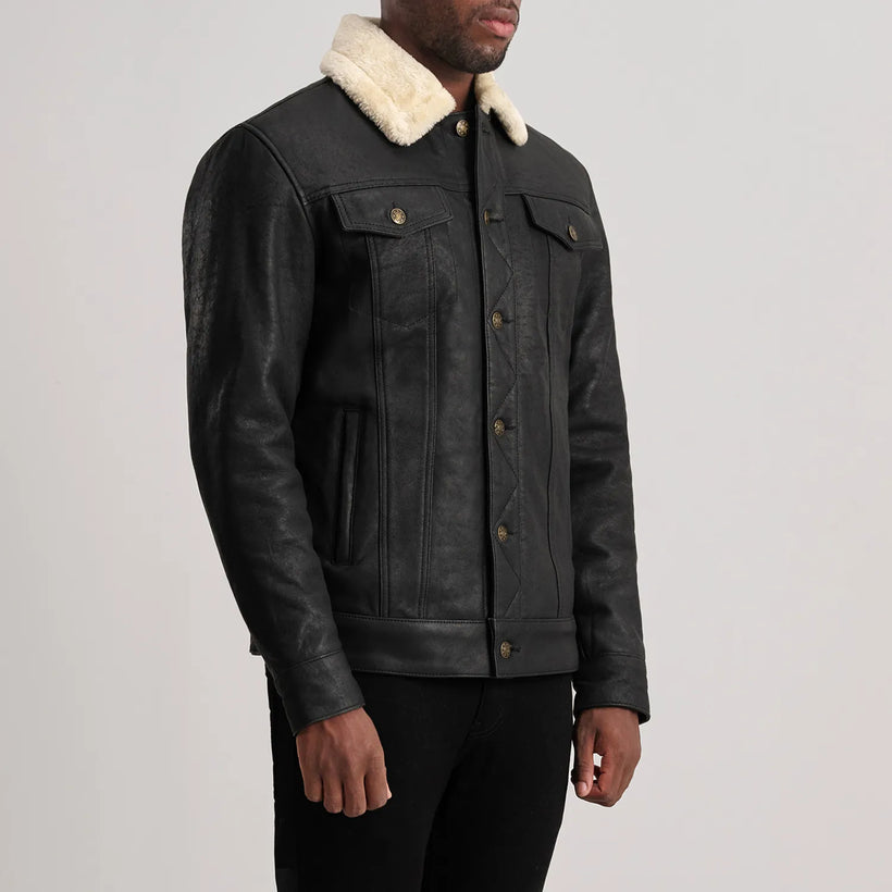 Dallis Vintage-Schwarz Leather Shearling Trucker Lederjacke für Herren
