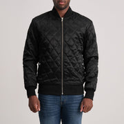 Danson Gesteppt Schwarz Varsity Lederjacke für Herren in Black Satin - Vorderansicht &amp; maßgeschneiderte Silhouette | Online Kaufen