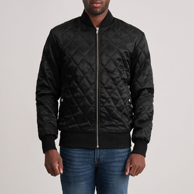 Danson Quilted Black Varsity Jacket in Black Satin - Front Profile View & Tailored Silhouette | Buy Online