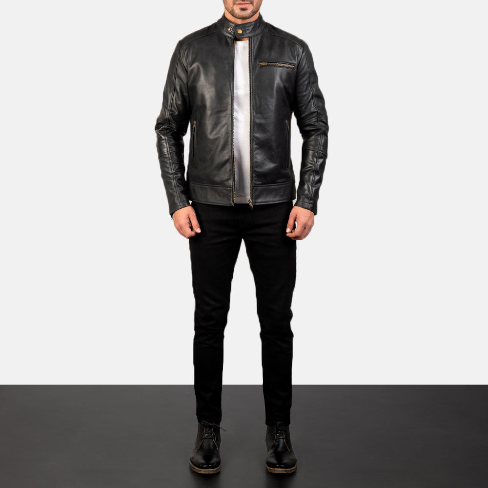 Dean Schwarz Leder-Bikerjacke für Herren - Seitenansicht mit ergonomischem Ärmelschnitt