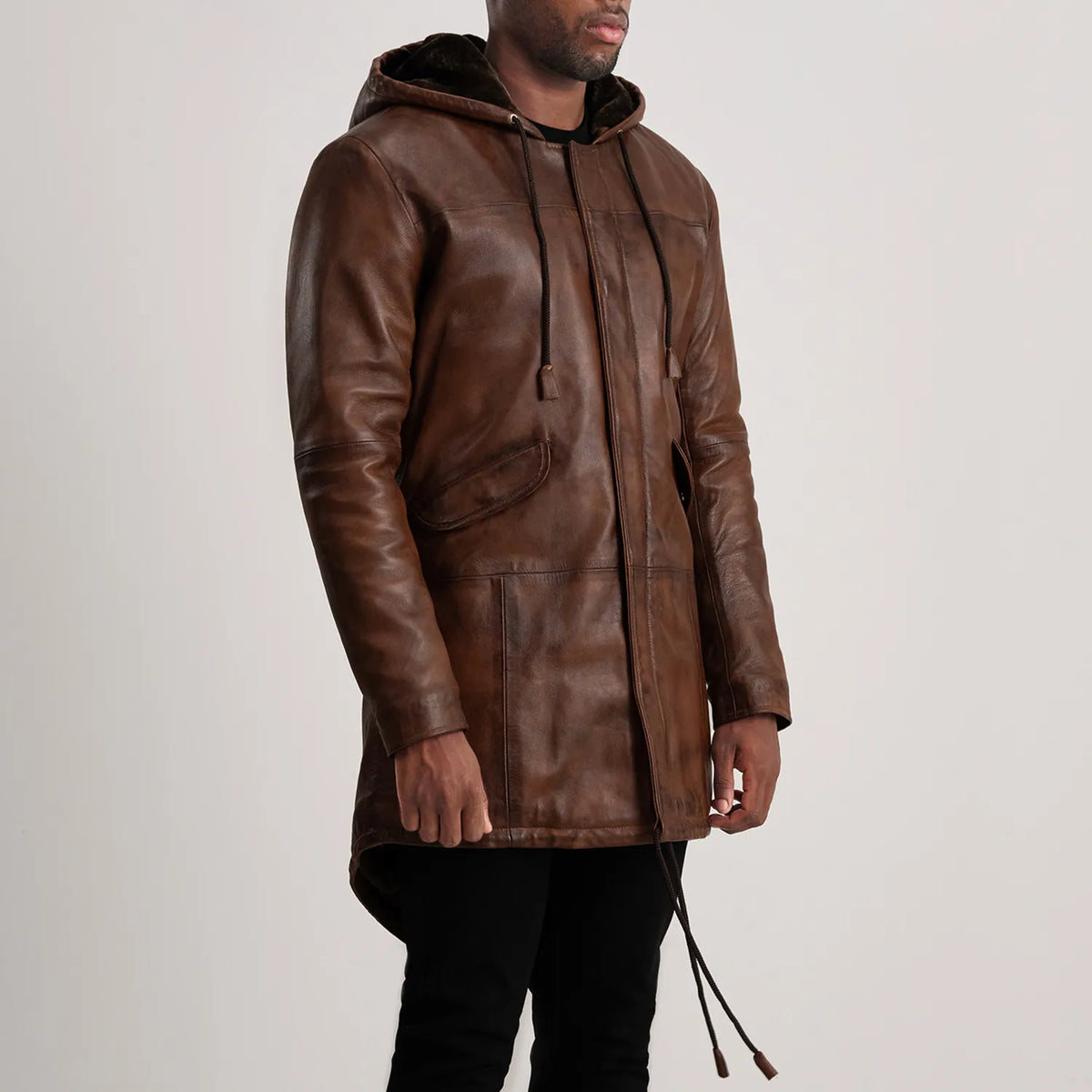 Styled Fit Perspective of Delvin Tan Leather Parka on Model - Natural Daylight Drape