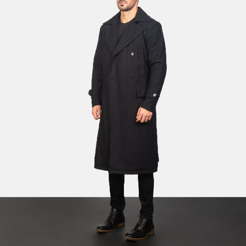 
Black Synthetic Wool Trench Coat - Rückansicht mit passgenauen Schultern & sauberem Saum