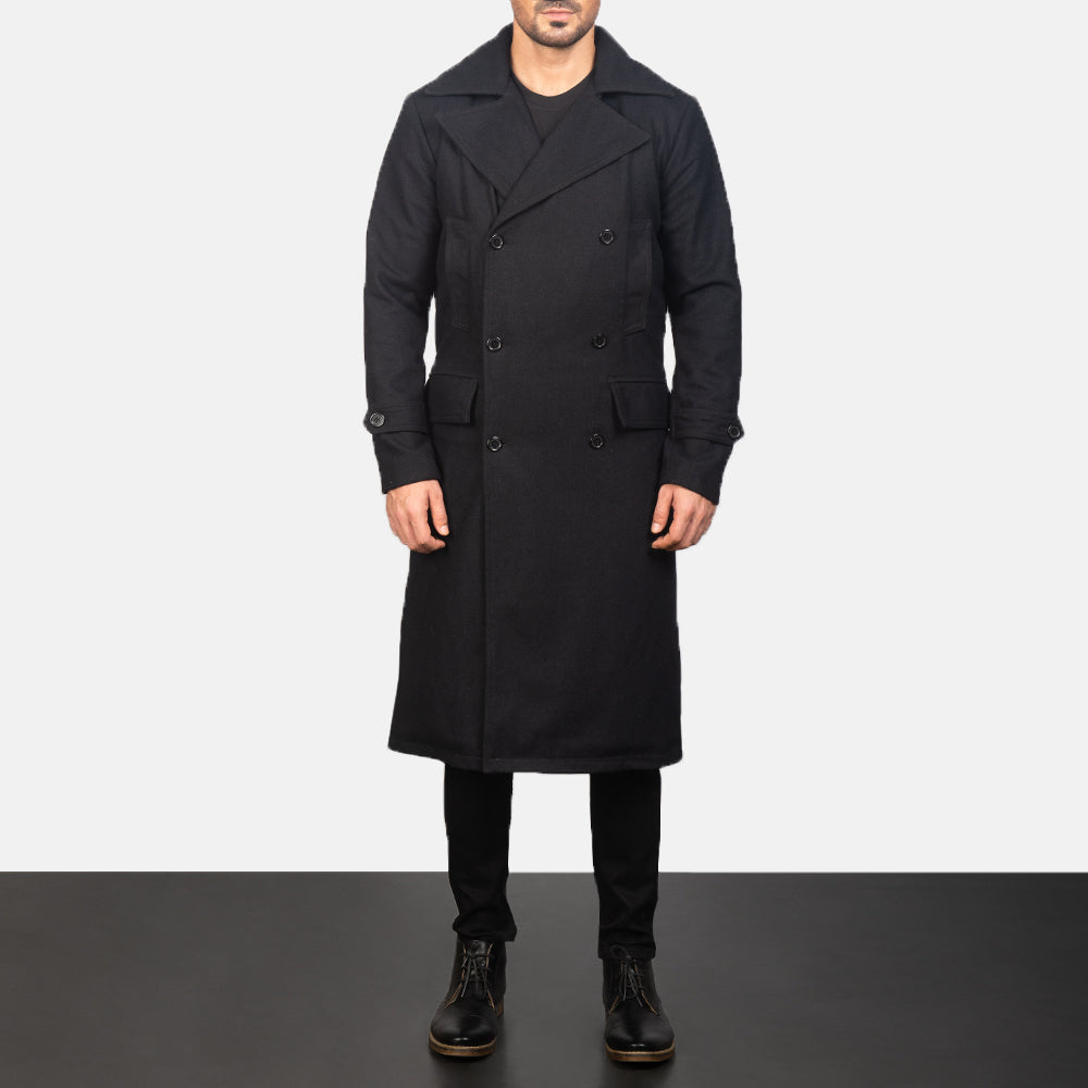
Detailansicht of Notch & Button Hardware on Detective Schwarz Wool Ledermantel für Herren