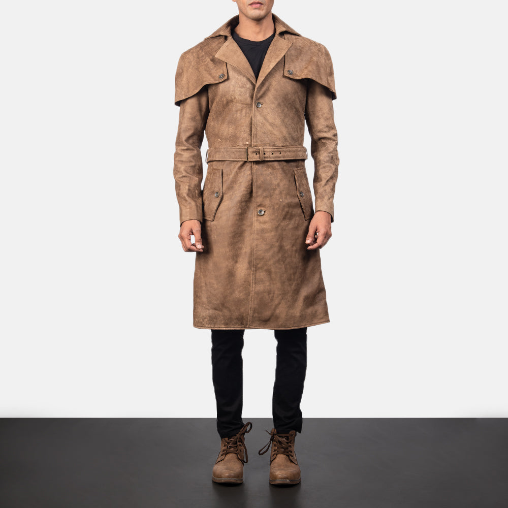 Detailansicht of Classic Collar &amp; Buttons + Belt Hardware on Deux Braun Leather Duster für Herren