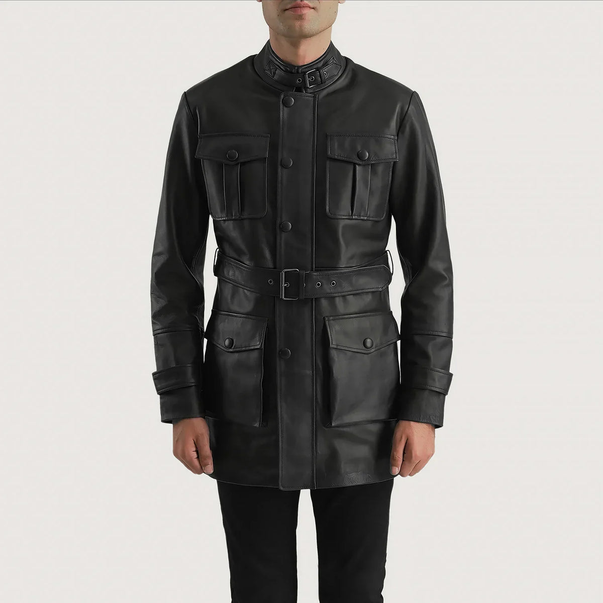 Detailansicht of High neck with Belt &amp; Snap button Hardware on Dolf Schwarz Lederjacke für Herren