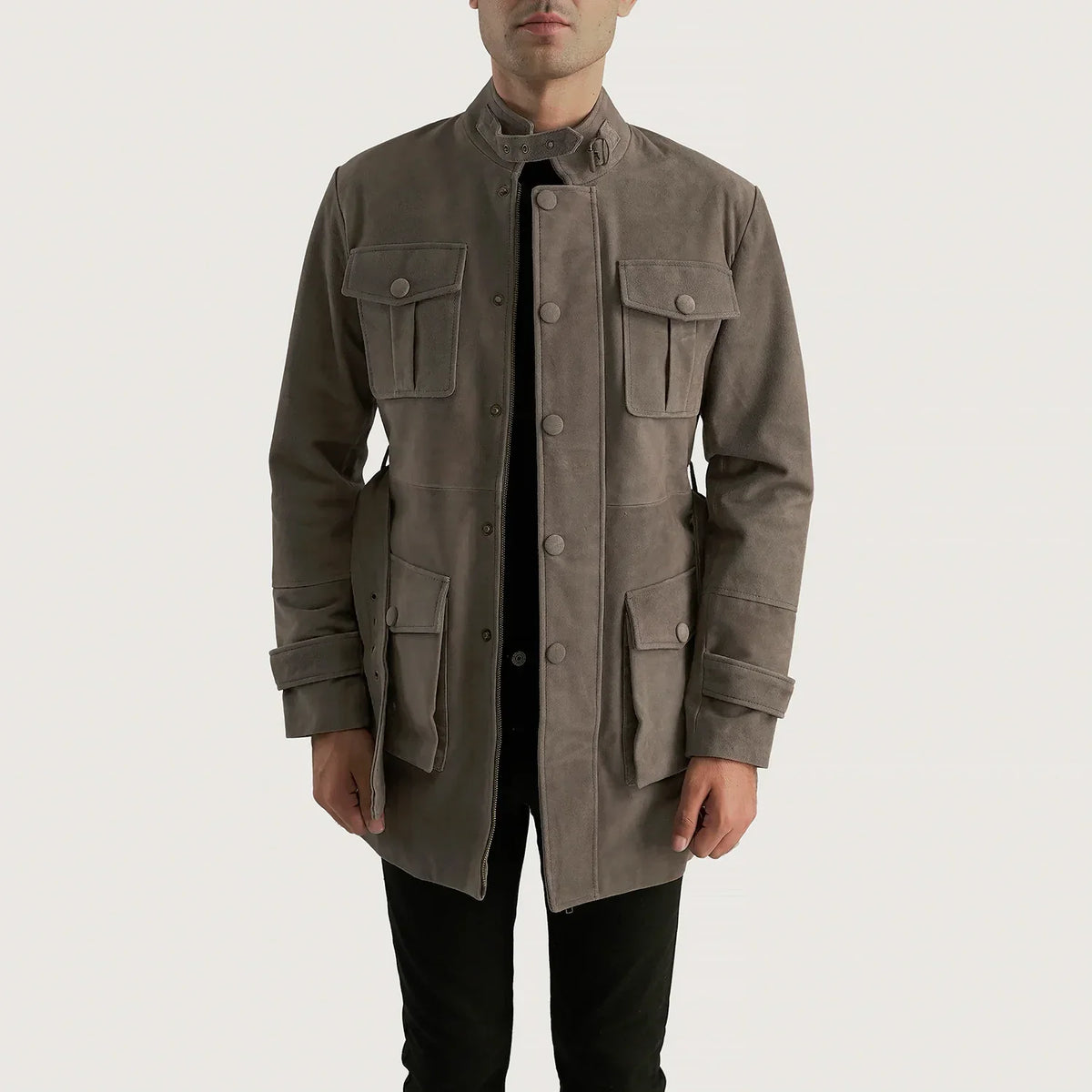 Dolf Grau Wildlederjacke für Herren in Grey Cowhide Suede - Vorderansicht &amp; maßgeschneiderte Silhouette | Online Kaufen