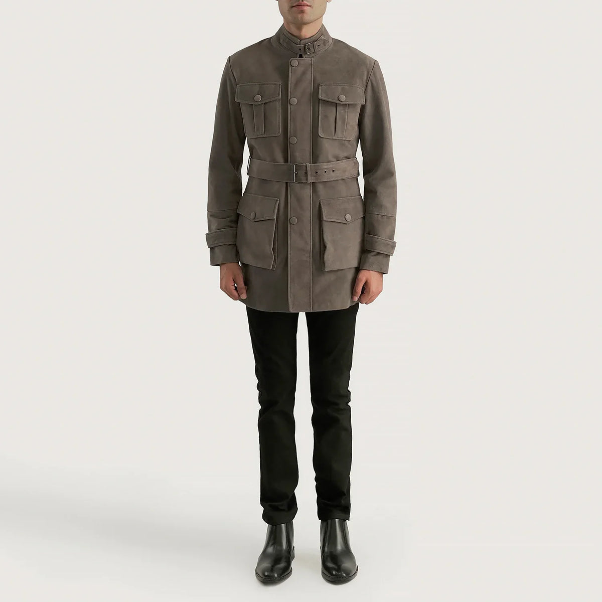 Dolf Grau Wildlederjacke für Herren - Seitenansicht mit ergonomischem Ärmelschnitt