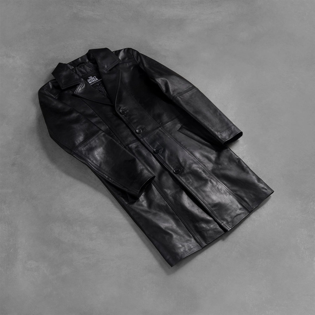 Open hem &amp; Hem Craftsmanship Construction Detail on Men's Don Long Schwarz Ledermantel für Herren