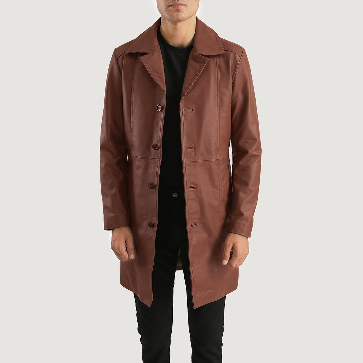 Don Long Braun Ledermantel für Herren in Brown Cowhide Leather - Vorderansicht &amp; maßgeschneiderte Silhouette | Online Kaufen