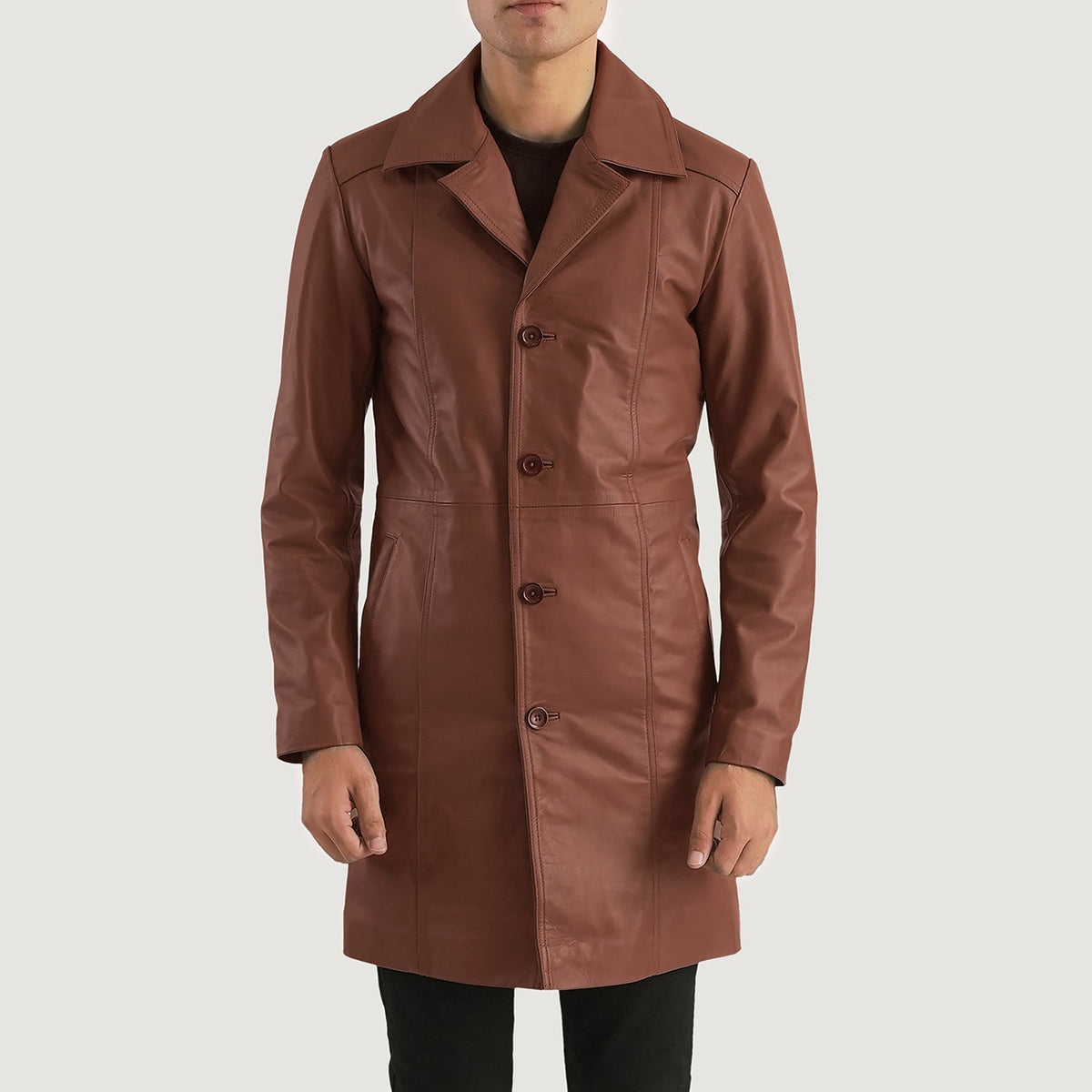 Detailansicht of Notch &amp; Button Hardware on Don Long Braun Ledermantel für Herren
