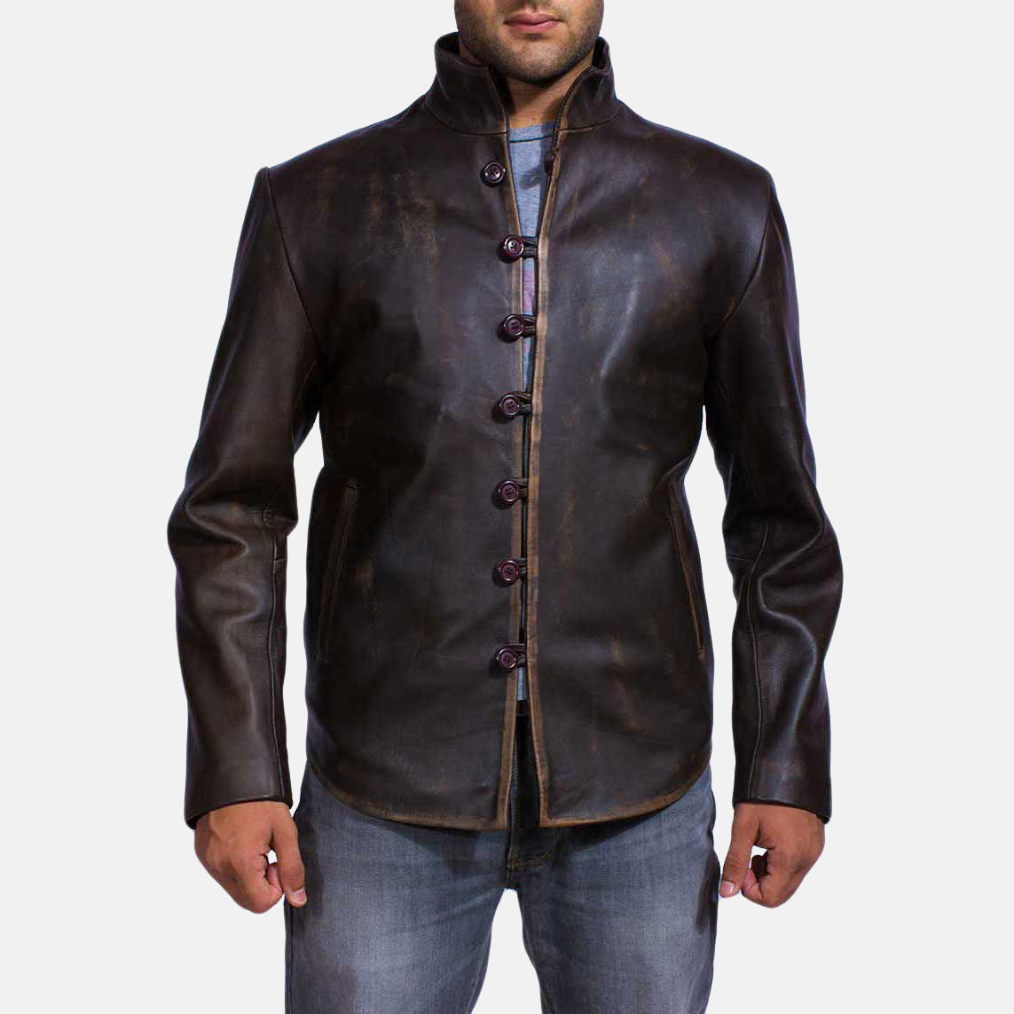 Men's Drakeshire Braun Lederjacke für Herren in Distressed Brown Goatskin Leather - Vorderansicht &amp; maßgeschneiderte Silhouette | Online Kaufen