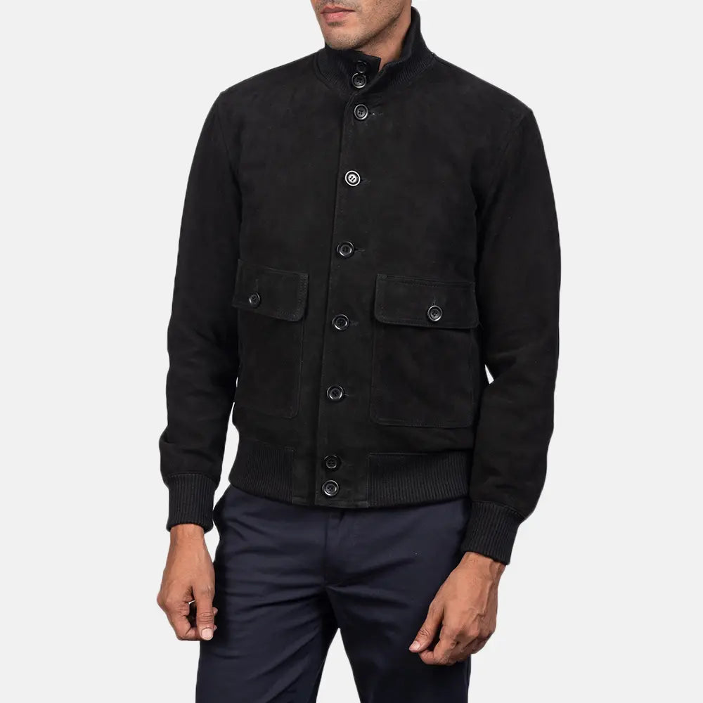 Men's Eaton Brown Suede Bomber Jacket - Seitenansicht mit ergonomischem Ärmelschnitt